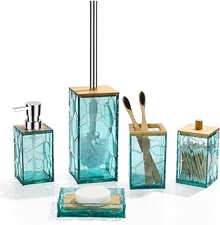 Teal Blue Beach Badezimmer Zubehör Set, Boho Bambus Zahnbürstenhalter, Seifenspender, Wattestä…