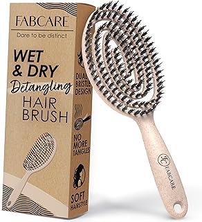 FABCARE Bio Haarbürste Wildschweinborsten Rund mit Ebook – Detangler-Bürste Doppelspiralfeder o…