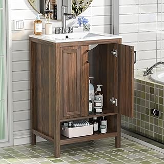 Waschtisch mit Unterschrank 60 cm Nussbaum, Kippschutz Waschtisch WC mit Offenes Regal, Keramikwa…