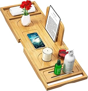 Badewannenablage Ausziehbare, Badewannenbrett mit Glas- & Tablethalter