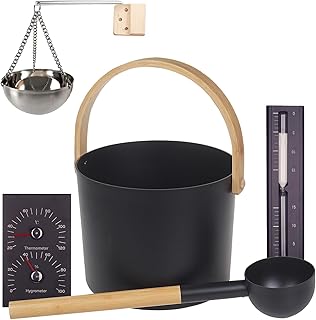 Saunakübel Set, 7L Aluminium Sauna Eimer mit Sanduhr, Saunaschale, Saunakelle, Thermo & Hygromet…