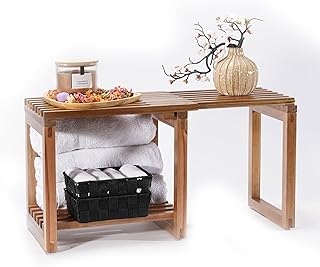 SVADA ausziehbarer Duschhocker aus Akazienholz – Duschbank Akazie mit Ablage – multifunktionale S…