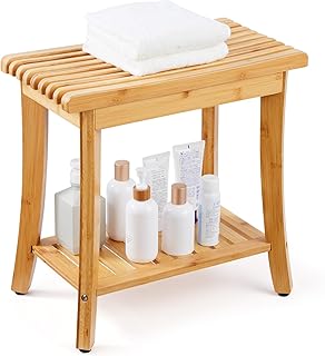 VEVOR Duschbank aus Bambus, 48,6 x 28,6 x 46,6 cm, wasserdichter Duschhocker mit Ablagegriff, 150…