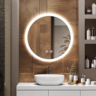 EMKE Badspiegel mit Beleuchtung Rund 60cm, Runder Spiegel mit 3 Lichtfarben Dimmbar, Beschlagfrei…