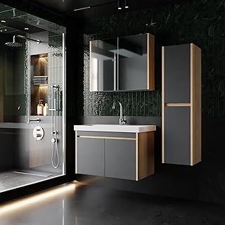 Badmöbel Set in 80 cm Breite Dallas | 4er Badezimmermöbelset Farbe: Eiche & Anthrazit | Waschti…