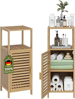 Bellamio Newa Badregal – Badschrank Bambus mit 3 Fächern & 1 Tür – Badezimmerschrank Holzop…