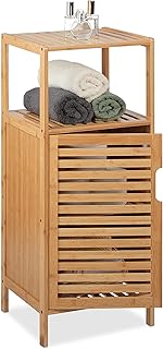 Relaxdays Badschrank Bambus, HBT: 87 x 36,5 x 33 cm, schmales Badregal mit Tür, 2 offene Ablagen…