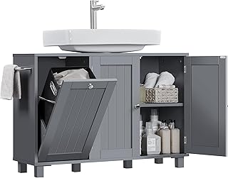 Yaheetech Waschbeckenunterschrank, Unterschrank 3 Türen, Badezimmerschrank mit Wäschekorb, Wasc…
