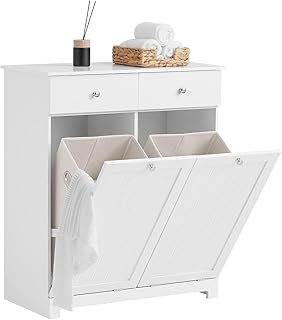 SoBuy Badezimmerschrank mit Wäschekorb – Badschrank mit 2 Wäschesäcken, 2 Schubladen – Stabile…