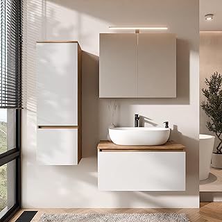 Planetmöbel Arisa Badmöbel Set Waschtisch mit Unterschrank 80 cm Gold Eiche weiß mit ARIA Spie…