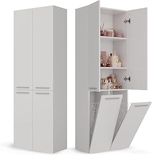 CDF Badezimmerschrank Bad Schrank Mit Wäschekorb Weiß Badschrank Mehrzweckschrank Badregal Steh…