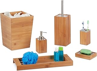Relaxdays Bad Set, 6-teilig, Bambus, Seifenspender, Seifenhalter, Bürstenhalter, Zahnputzbecher,…