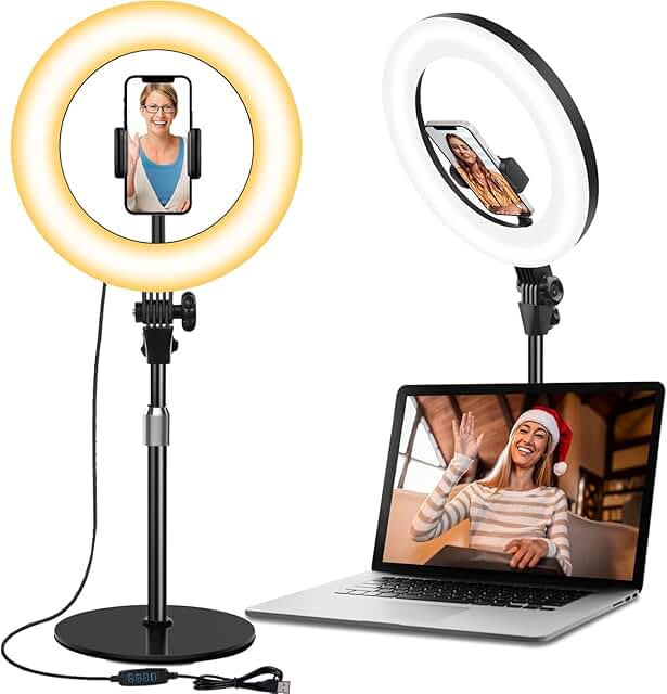 Ringlicht mit Stativ, 10.5” LED Ring Light mit 3 Lichtfarben+10 Helligkeiten Tisch Selfie Licht…