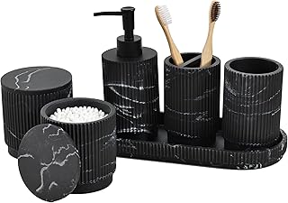 Badezimmer Set 6-TLG | Seifenspender + Zahnputzbecher mit Tablett & Wattestäbchenbox | Design St…