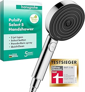 hansgrohe Pulsify Select S – wassersparender Duschkopf 6,9 l/min (EcoSmart), Handbrause mit 3 Str…
