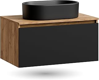 Planetmöbel Arisa Badmöbel Set Waschtisch 80 cm Gold Eiche schwarz, Waschbecken 55 cm schwarz, …