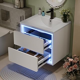 Merax Wandhängend Badezimmerschränke, komplett lackiert, LED-Radarsensor-Beleuchtung, Zwei Schu…