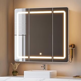 Hzuaneri Spiegelschrank Bad mit LED-Beleuchtung, Badezimmer Spiegelschrank, 3 Farbtemperatur Dimm…