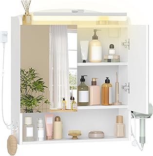 Hzuaneri Spiegelschrank Bad mit Beleuchtung, Badezimmerschrank mit Spiegel, Wandschrank, Haartroc…