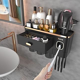 iHave Zahnbürstenhalter Wand mit Zahnpastaspender & 3 Bechern – Design in Luxus-Schwarz-Gold f…