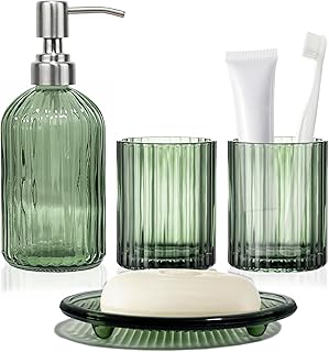 4-teiliges Grün Badezimmer Zubehör Set, Badaccessoires Organizer: Seifenspender, Zahnbürstenha…