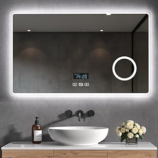 Heilmetz Bluetooth Badspiegel mit Beleuchtung 100x60cm, LED Badezimmerspiegel mit Licht, Uhr, 3 L…