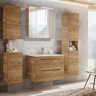 Lomadox Badezimmermöbel Set mit 81 cm Waschtisch & LED-Spiegelschrank, Wotan Eiche Nb. Dekor, B/…