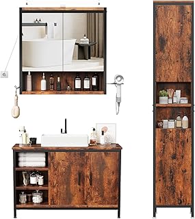ELUCHANG Badmöbel Set 3,Waschbeckenunterschrank und Spiegelschrank Bad mit Beleuchtung und Hochs…