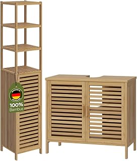 Bellamio Newa Badmöbel-Set – Waschbeckenunterschrank mit 2 Fächern & Hochschrank mit 5 Fäche…