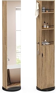 IDMarket – Badezimmermöbel drehbare Säule mit Spiegel, Schrank und Regalen Buche und schwarz ELIA