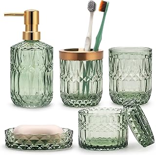 IVAILEX 5 Stück Grünes Glas Badezimmer Zubehör Sets von Lotionspender, Seifenschale, Zahnbürs…